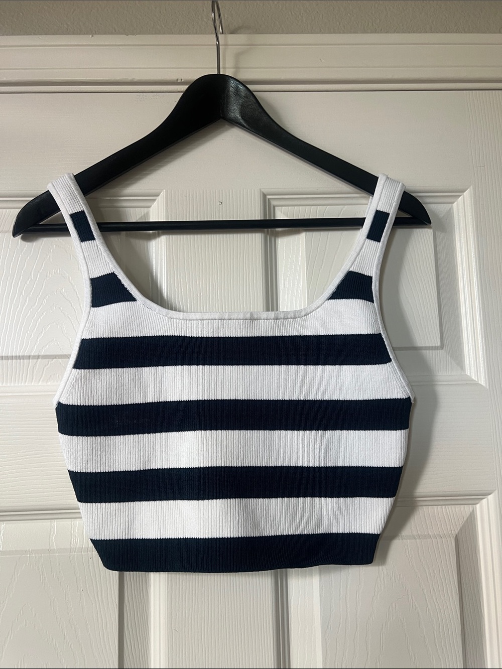 Babaton Striped Navy and White Cropped Knit Tank
